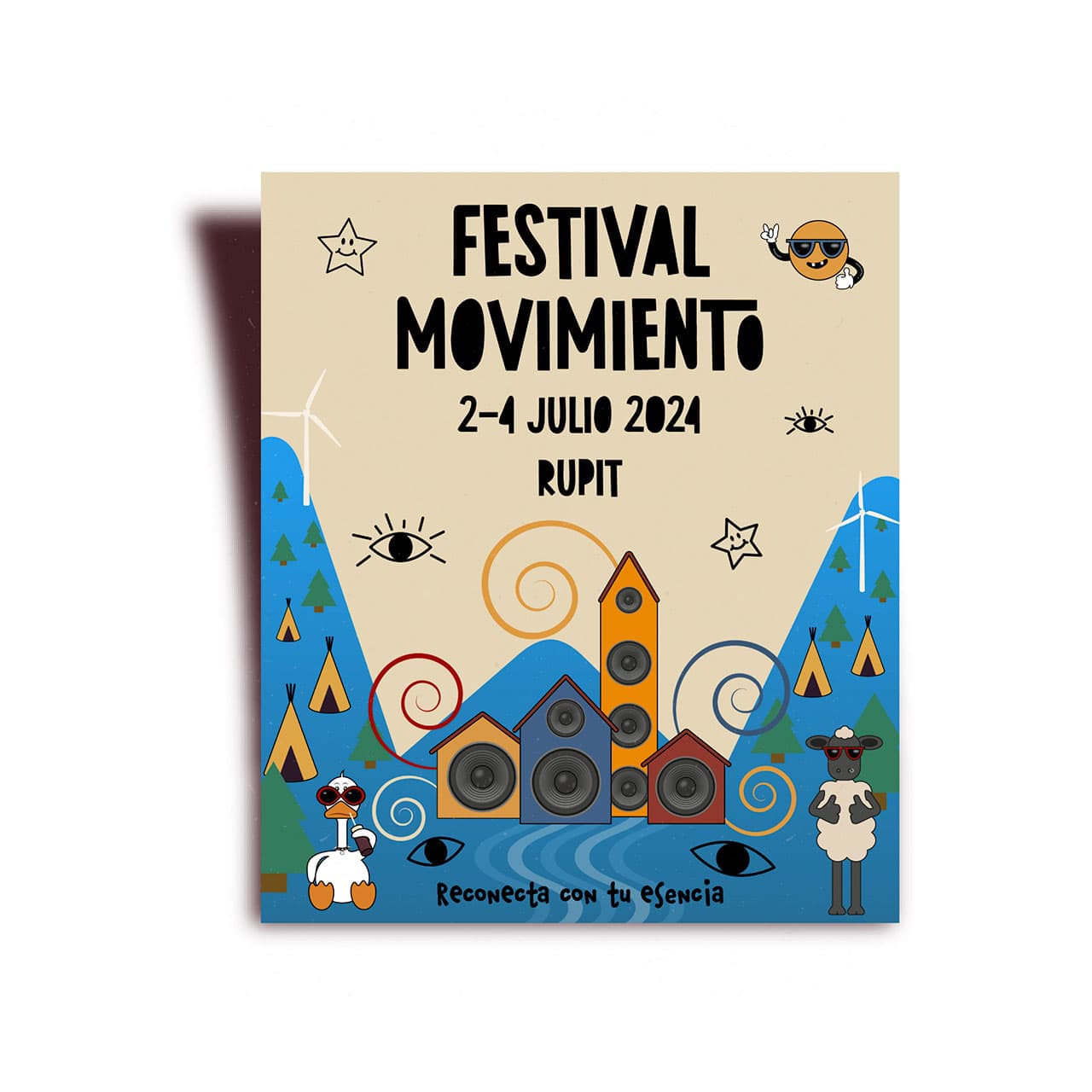 Cartel del Festival Movimiento. La imagen muestra unas montañas azules de fondo, las casitas de un pueblo en el centro, un pato a un lado y una oveja al otro. Arriba, el logotipo del festival.